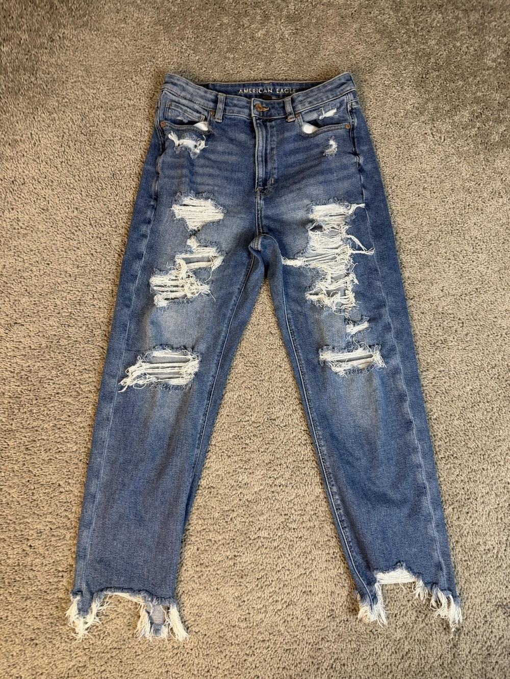 American Eagle Jeans Womens 8 Blue Mom High Rise Distressed Fringe 27.5 Inseam